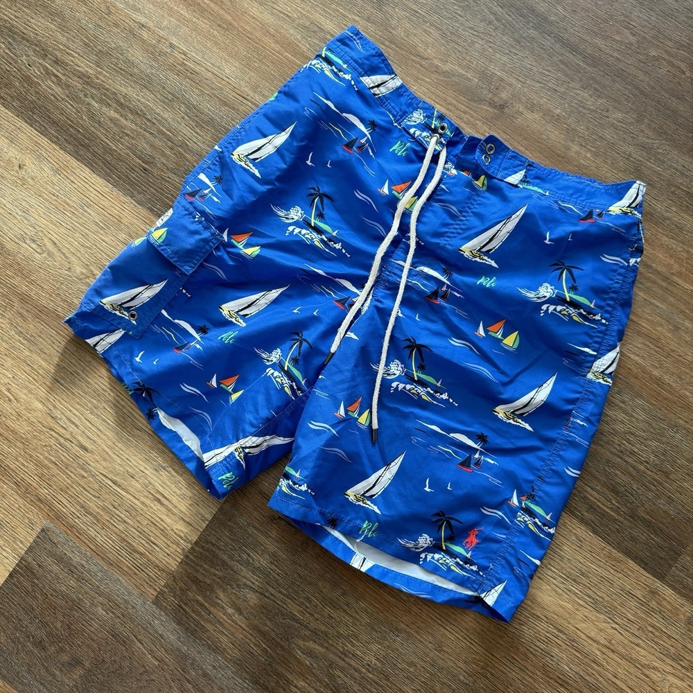 Polo Ralph Lauren AOP Sail Boat Swim Trunks Men's Sz M Nautical Theme Blue‎